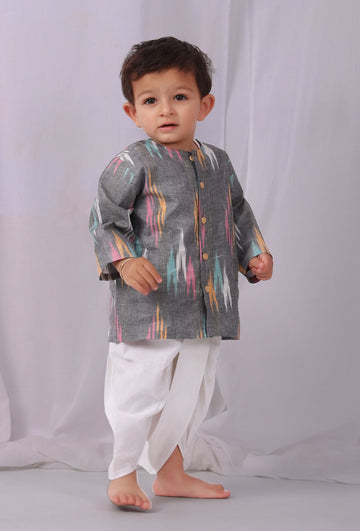 Set of 2:Grey Ikat Kurta With white Dhoti pants